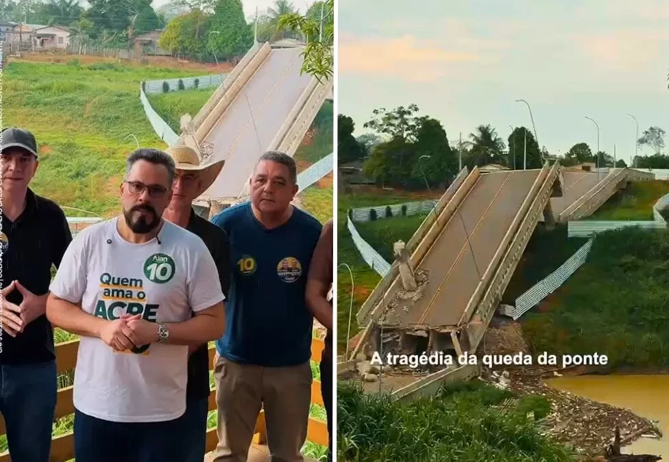 Diante dos escombros, Alan Rick promete auditar obra e reconstruir ponte de Sena Madureira