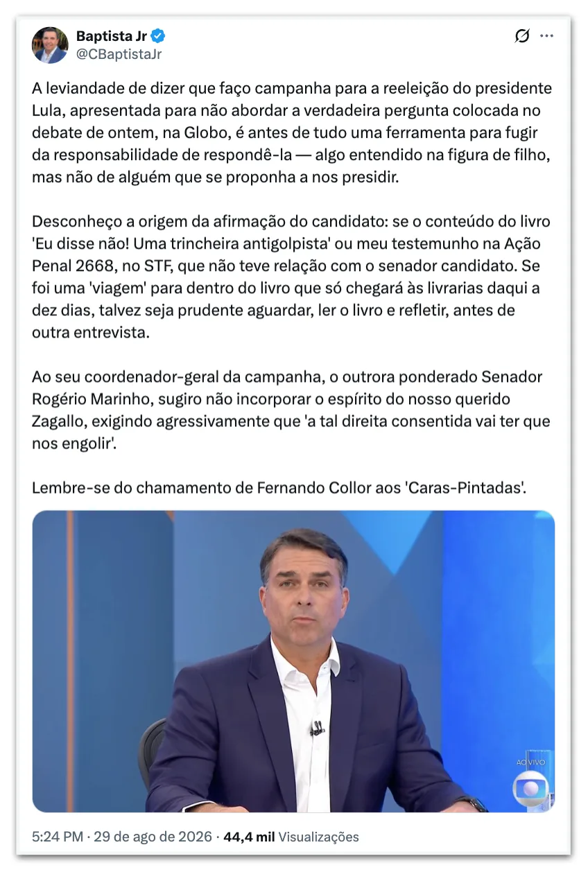 Ex-comandante da FAB rebate Flávio sobre ele apoiar Lula