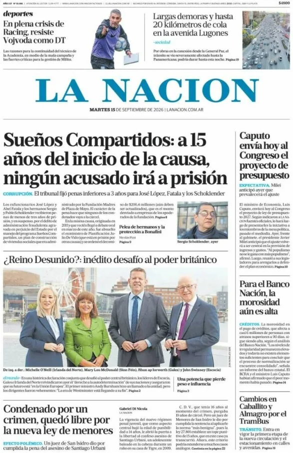 Portadas latinoamericanas de este martes 15 de septiembre de 2026