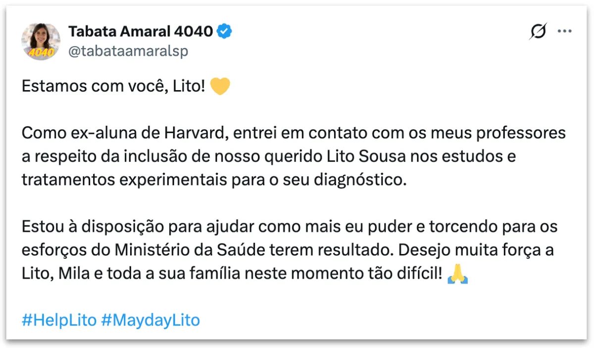 Tabata diz que tentará ajuda de professores de Harvard para Lito