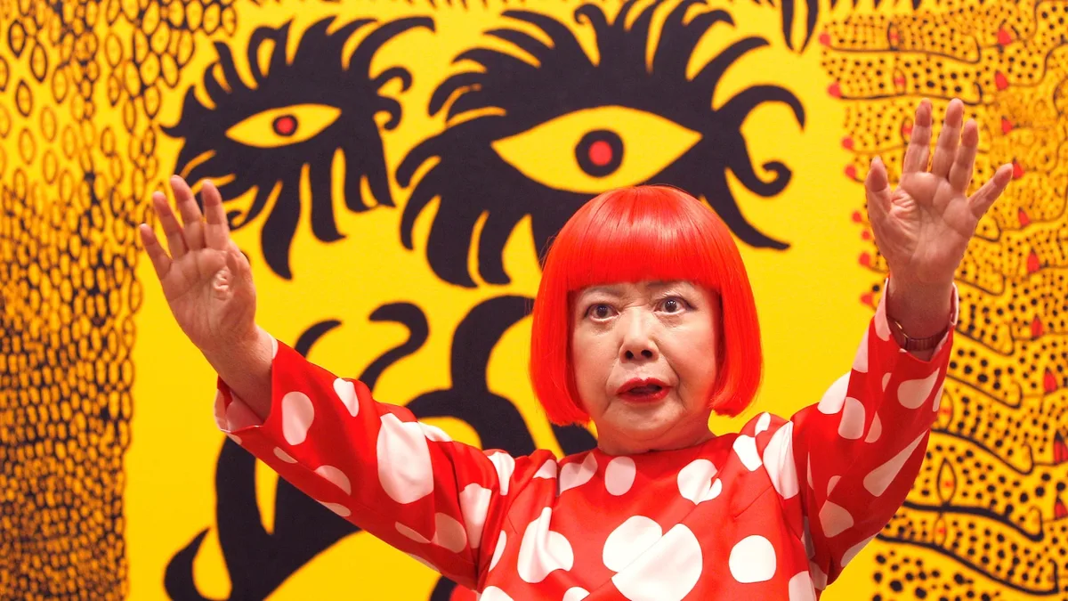 Photos show Yayoi Kusama and artwork featuring her signature polka dots