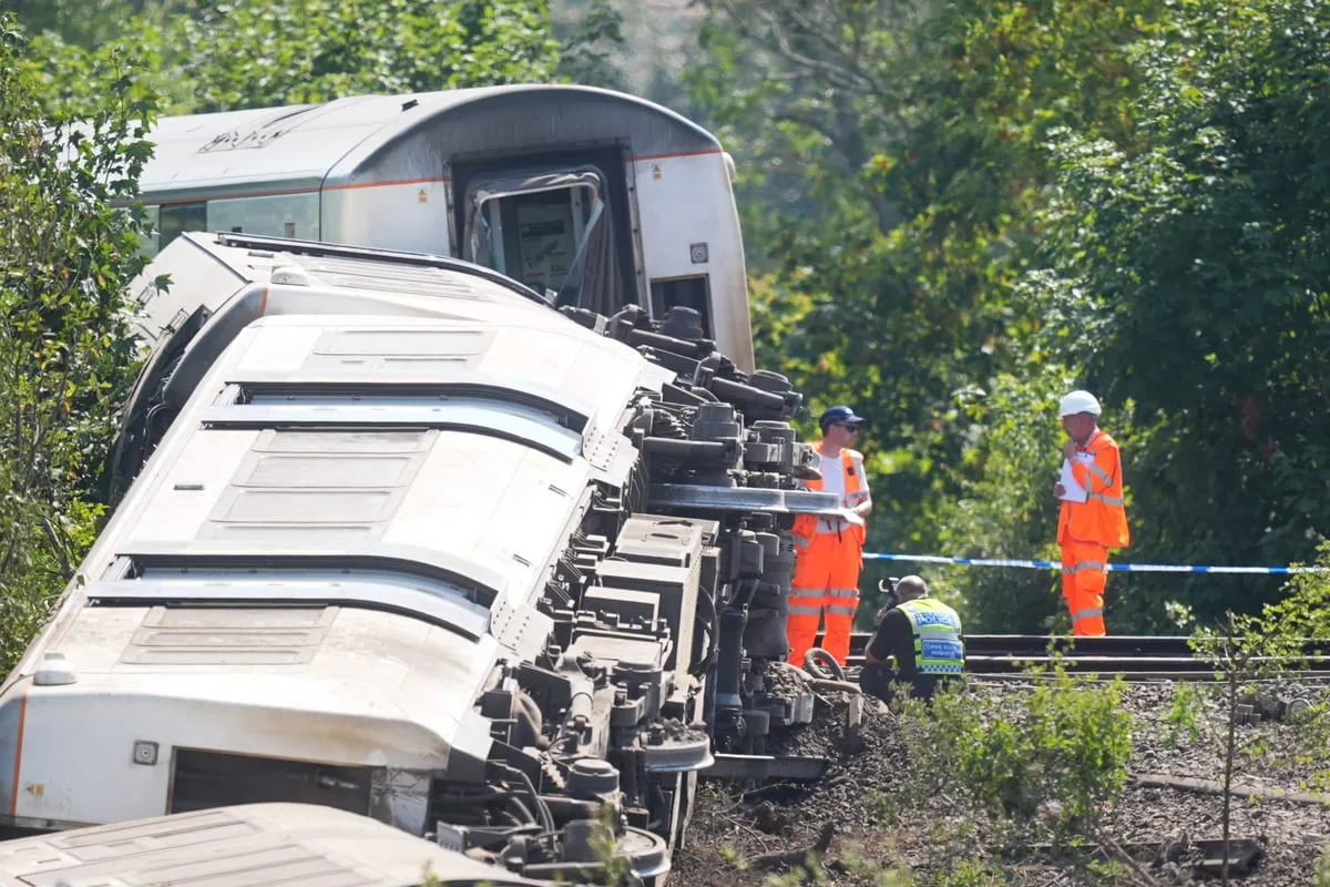 Line where train derailed to remain closed ‘for at least another 10 days’ as recovery operation begins