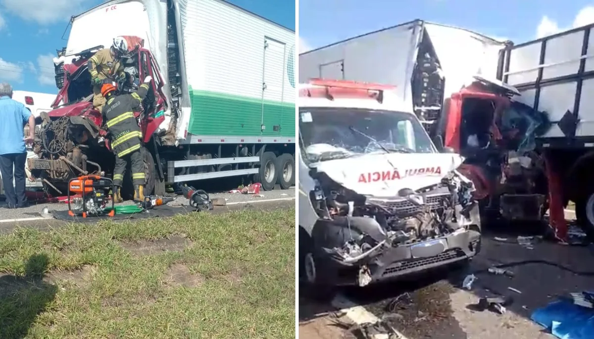 Engavetamento entre ambulância, carretas e caminhão deixa homem morto em Mogi Guaçu