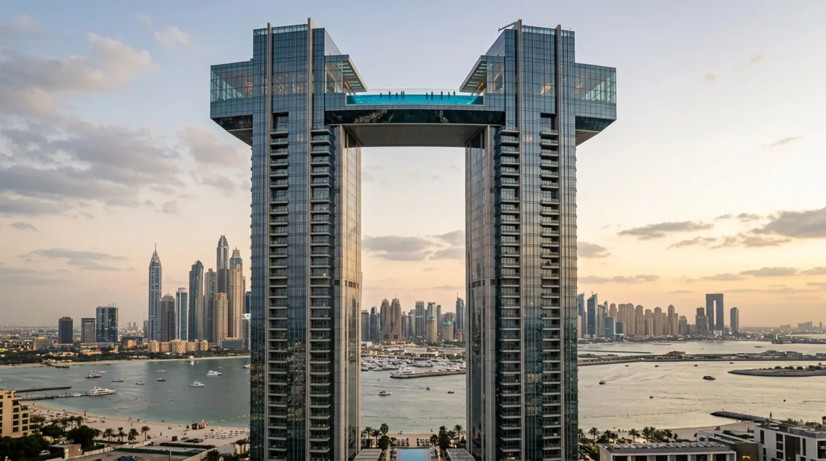 A piscina infinita de quase 95 metros suspensa a 294 metros entre duas torres de luxo em Dubai