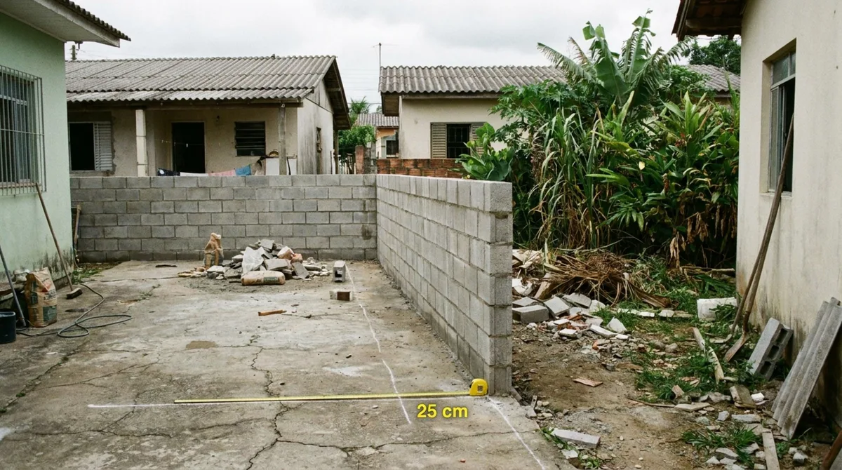 Mulher reforma o quintal e descobre que novo muro do vizinho avançou 25 centímetros sobre seu terreno, ela pede retirada e proprietário propõe corrigir a divisa
