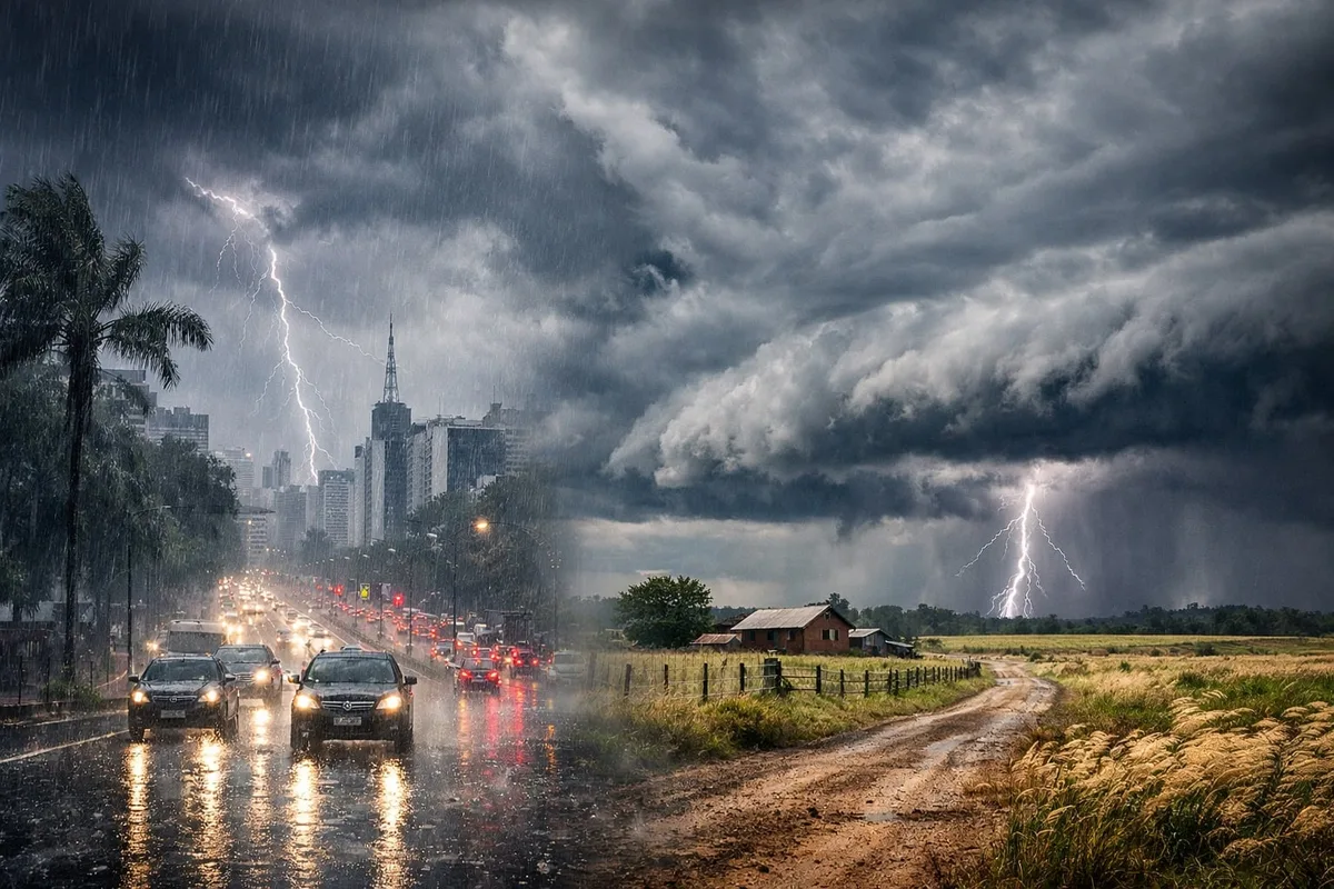 Avanço de frente fria causa chuva forte e ventos de 90 km/h em alguns estados do país