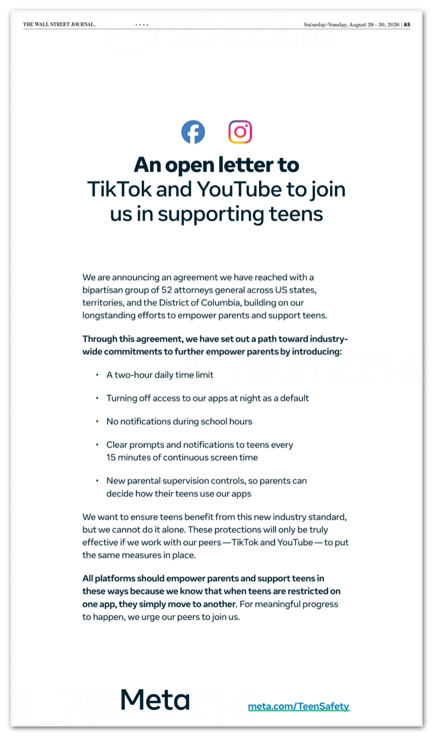 Meta pede que TikTok e YouTube adotem restrições a adolescentes