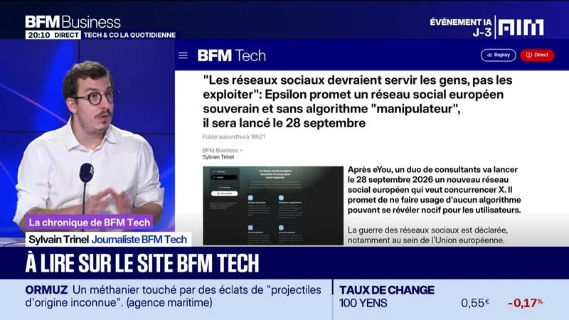 À lire sur le site Tech&Co : "Les réseaux sociaux devraient servir les gens, pas les exploiter" : Epsilon promet un réseau social européen souverain et sans algorithme "manipulateur, il sera lancé le 28 septembre, par Sylvain Trinel - 21/09