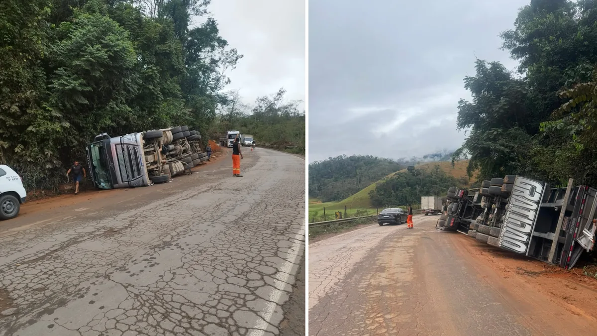 Caminhoneira tomba carreta após frear para evitar atropelamento em Cachoeiro