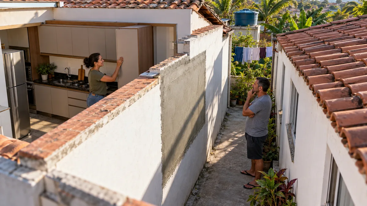 Depois de fechar uma antiga janela para ganhar espaço na cozinha, moradora descobre que o vão também ajudava a ventilar um corredor usado pelas duas casas