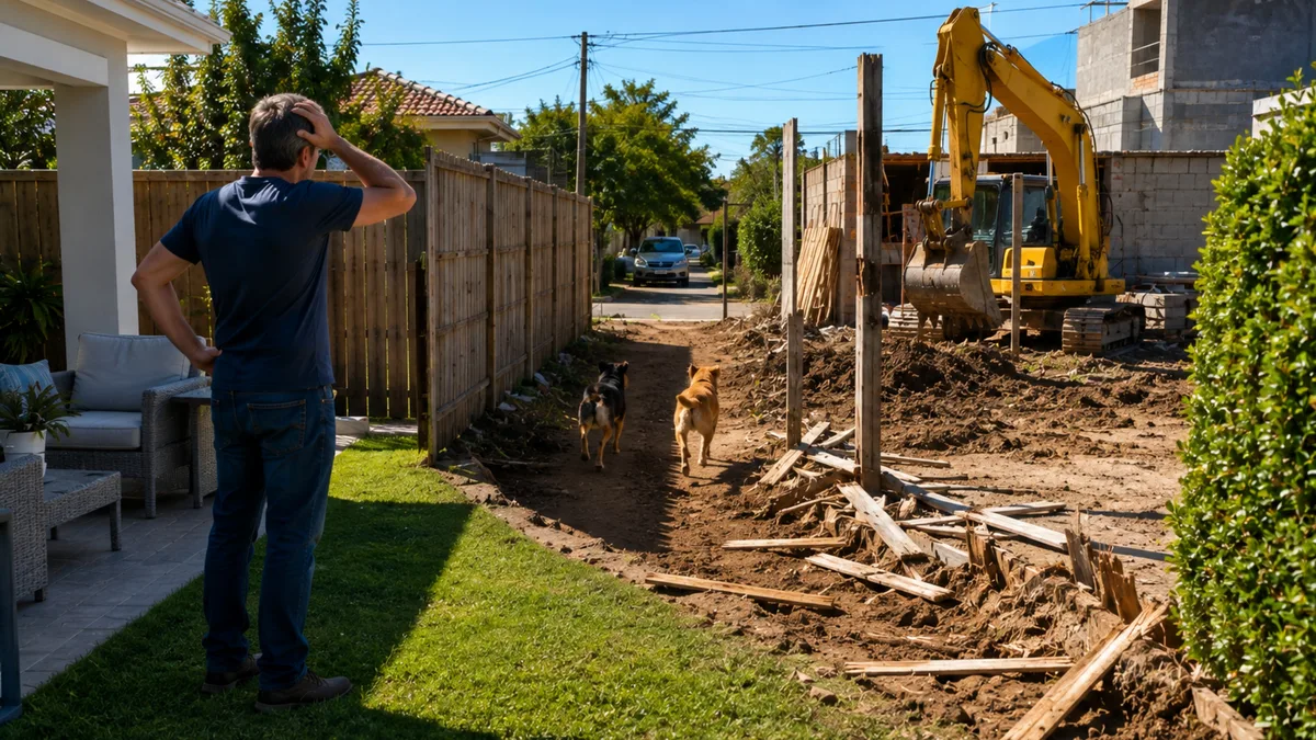 Família passa quatro dias fora e volta encontrando 17 metros de cerca retirados para permitir entrada de escavadeira na obra vizinha