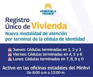 Registro Único de Vivienda se hará por terminal de cédula los lunes, jueves y viernes