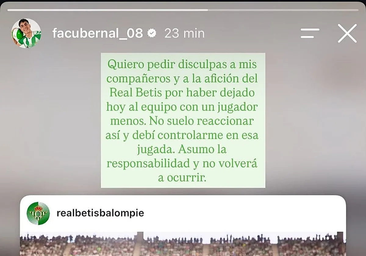 Facundo pide disculpas tras su expulsión en el Betis - Barcelona: «Debí controlarme en esa jugada»