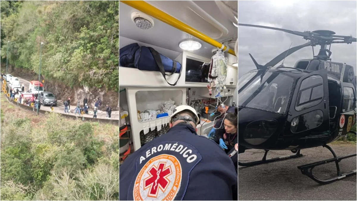 Ciclista bate em caminhão na Serra do Rio do Rastro, se fere e recebe transfusão de sangue no local; VÍDEO