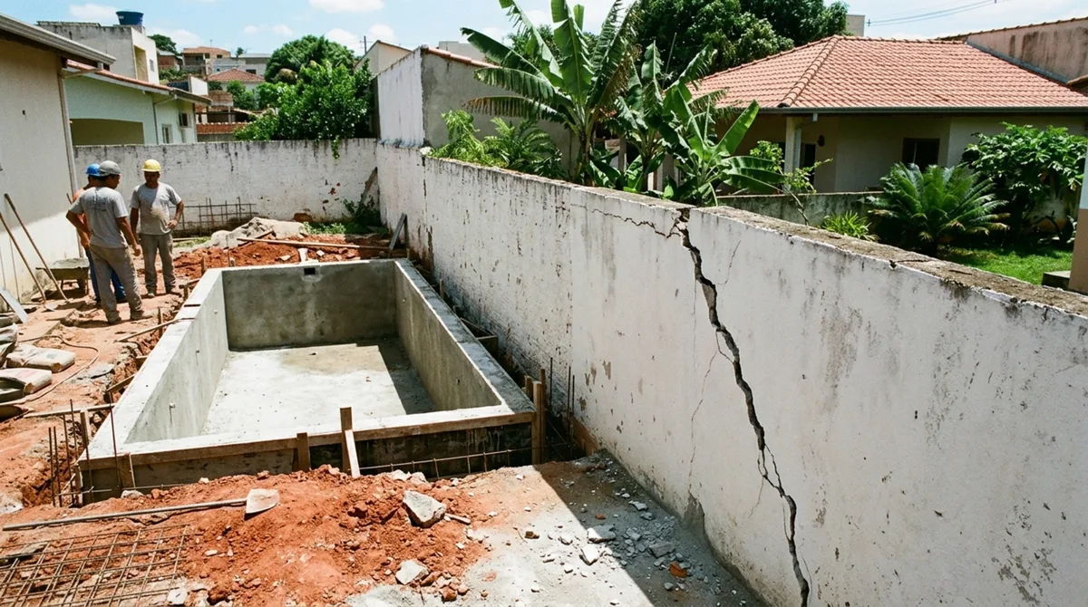 Família constrói piscina a 1,2 metro do muro e vizinho cobra R$ 18 mil por rachaduras na própria casa, então perícia precisa definir quem deve pagar