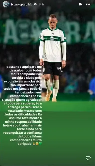 Breno Lopes pede desculpas ao Coritiba após expulsão em clássico