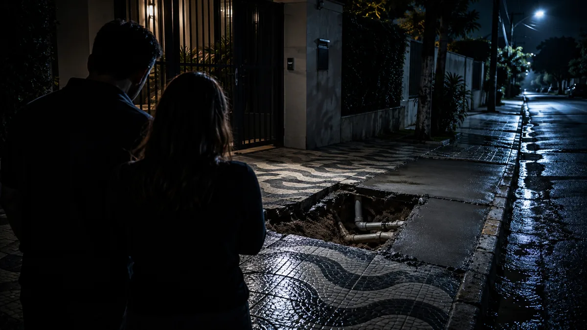 Casal volta para casa e encontra parte da calçada quebrada porque a companhia de serviço abriu o piso para acessar uma tubulação que passa diante do imóvel