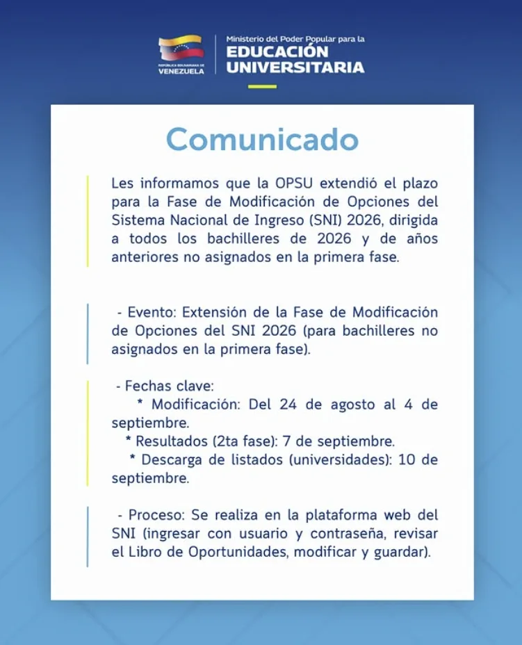 OPSU extendió hasta el #4Sep la fase de modificación de opciones en el Sistema Nacional de Ingreso 2026