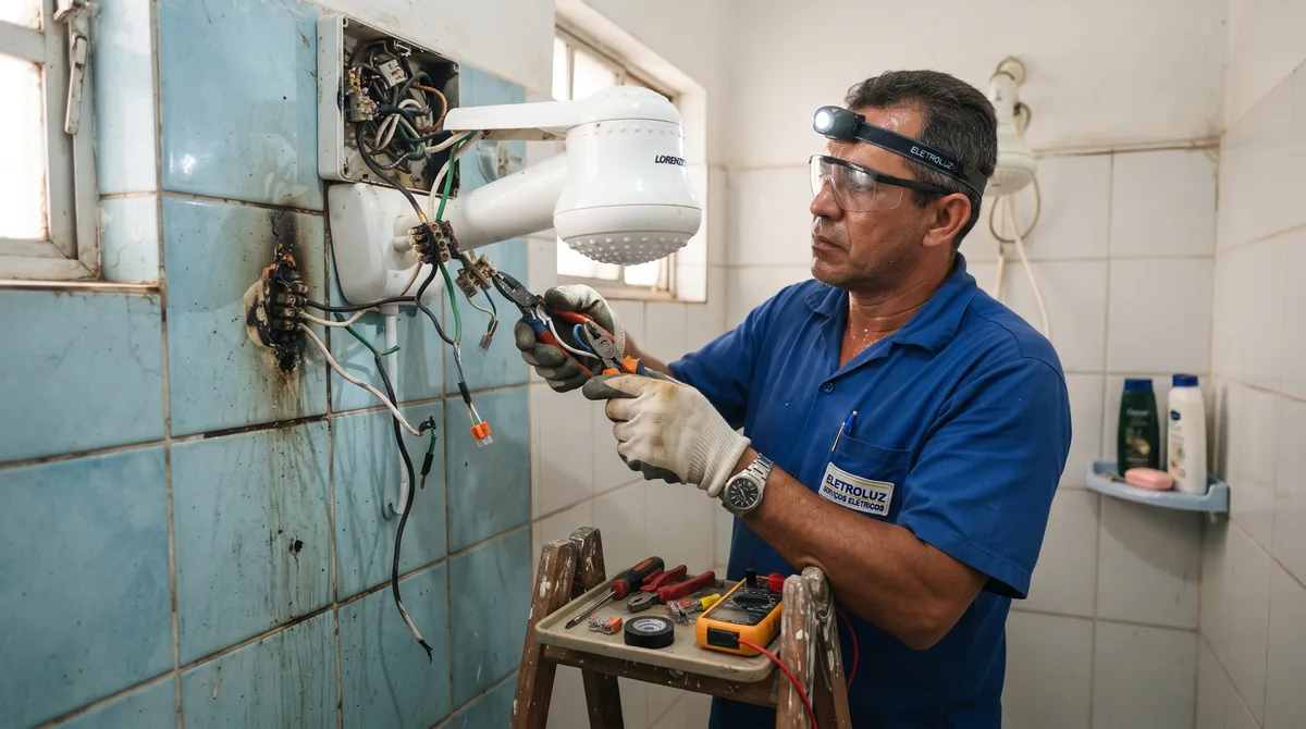Quanto custa resolver o cheiro de queimado e trocar a fiação derretida do chuveiro em 2026?