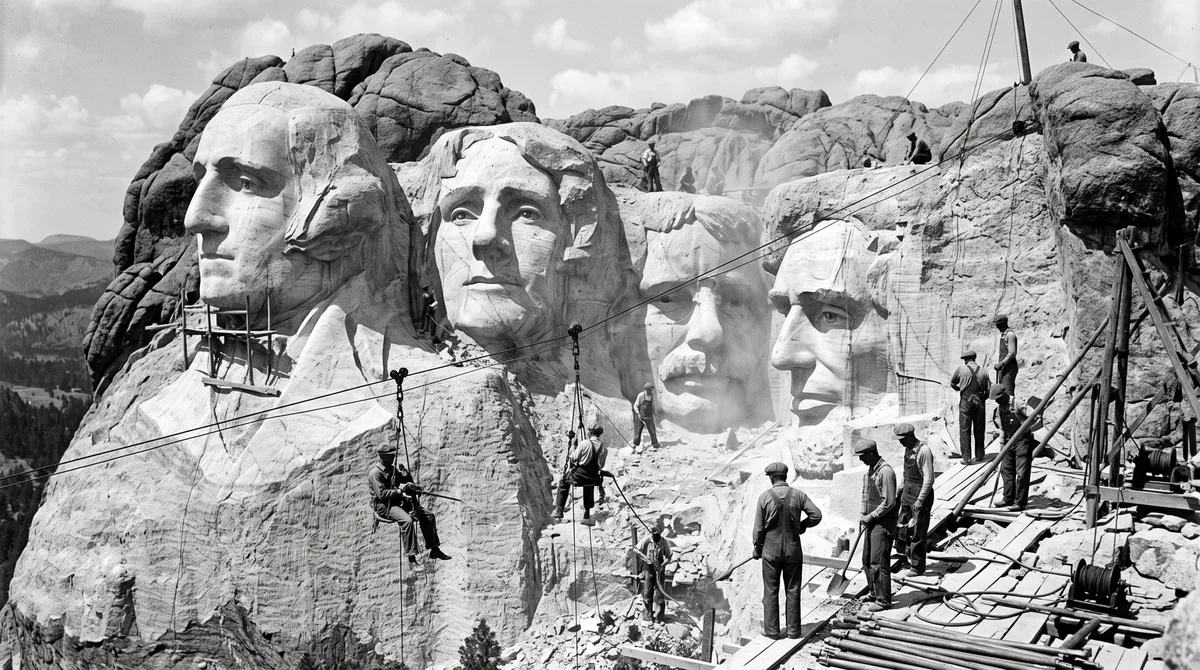 Mais de 90% do Monte Rushmore foi esculpido com dinamite entre 1927 e 1941, enquanto quase 400 trabalhadores desciam presos por cabos diante da montanha, e nenhum deles morreu durante os 14 anos de obra
