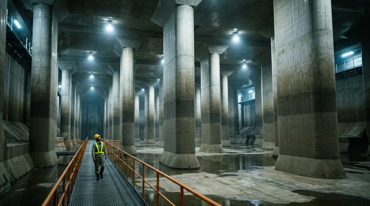 Apelidada de “catedral subterrânea”, esta gigantesca rede de túneis e silos escondida sob uma megalópole protege milhões de pessoas contra os piores cenários de enchentes catastróficas