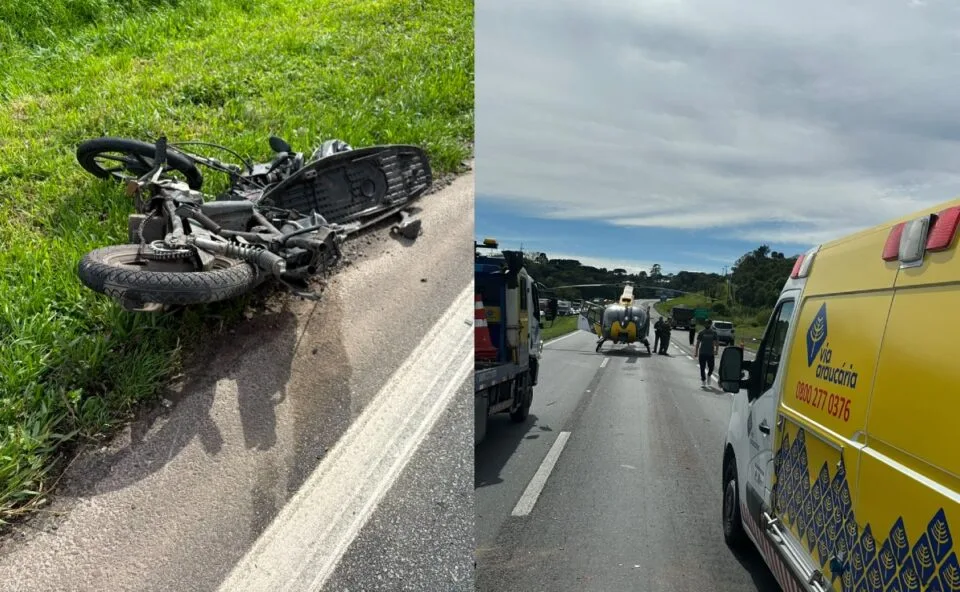 Motociclista bate na traseira de carro, é atropelado por caminhão e tem perna amputada na BR-277; rodovia é bloqueada