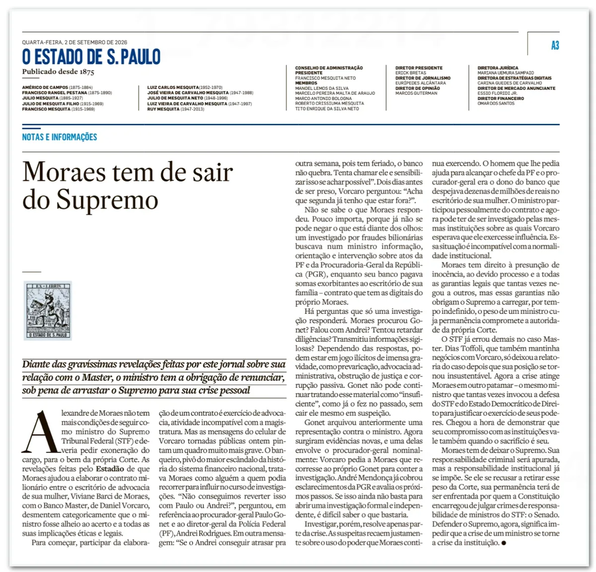 “Estadão”, “Folha” e “Globo” defendem saída de Moraes do Supremo