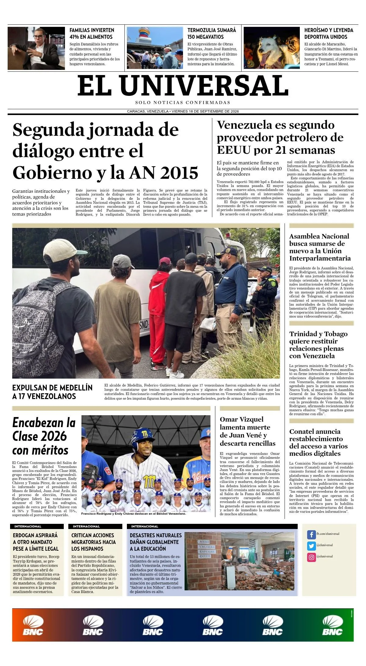 Portadas de este sábado 19 de septiembre de 2026