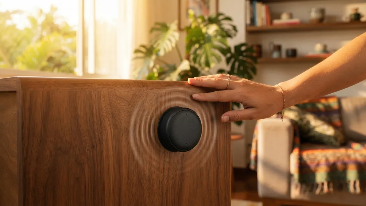 Esqueça a caixa de som Bluetooth: o novo adesivo vibratório que você cola em qualquer vidro ou móvel de madeira e transforma a superfície inteira num alto-falante com graves potentes