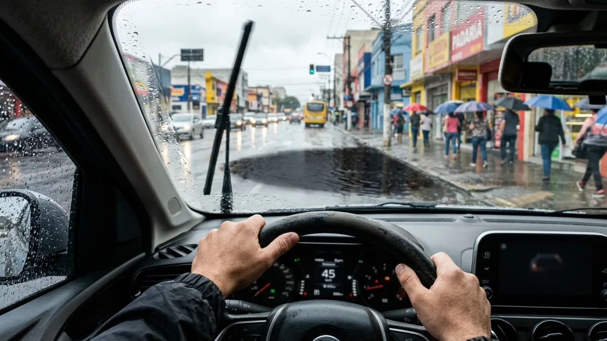 Condutor passa rapidamente por uma poça, molha pessoas que esperavam no ponto de ônibus e acaba identificado por uma câmera