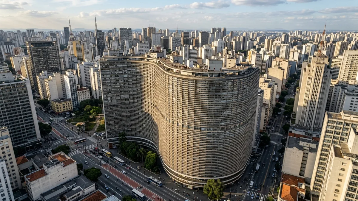 Megaprédio projetado por Oscar Niemeyer reúne mais de mil apartamentos em uma fachada curva de 115 metros de altura e ocupa praticamente um quarteirão inteiro de São Paulo