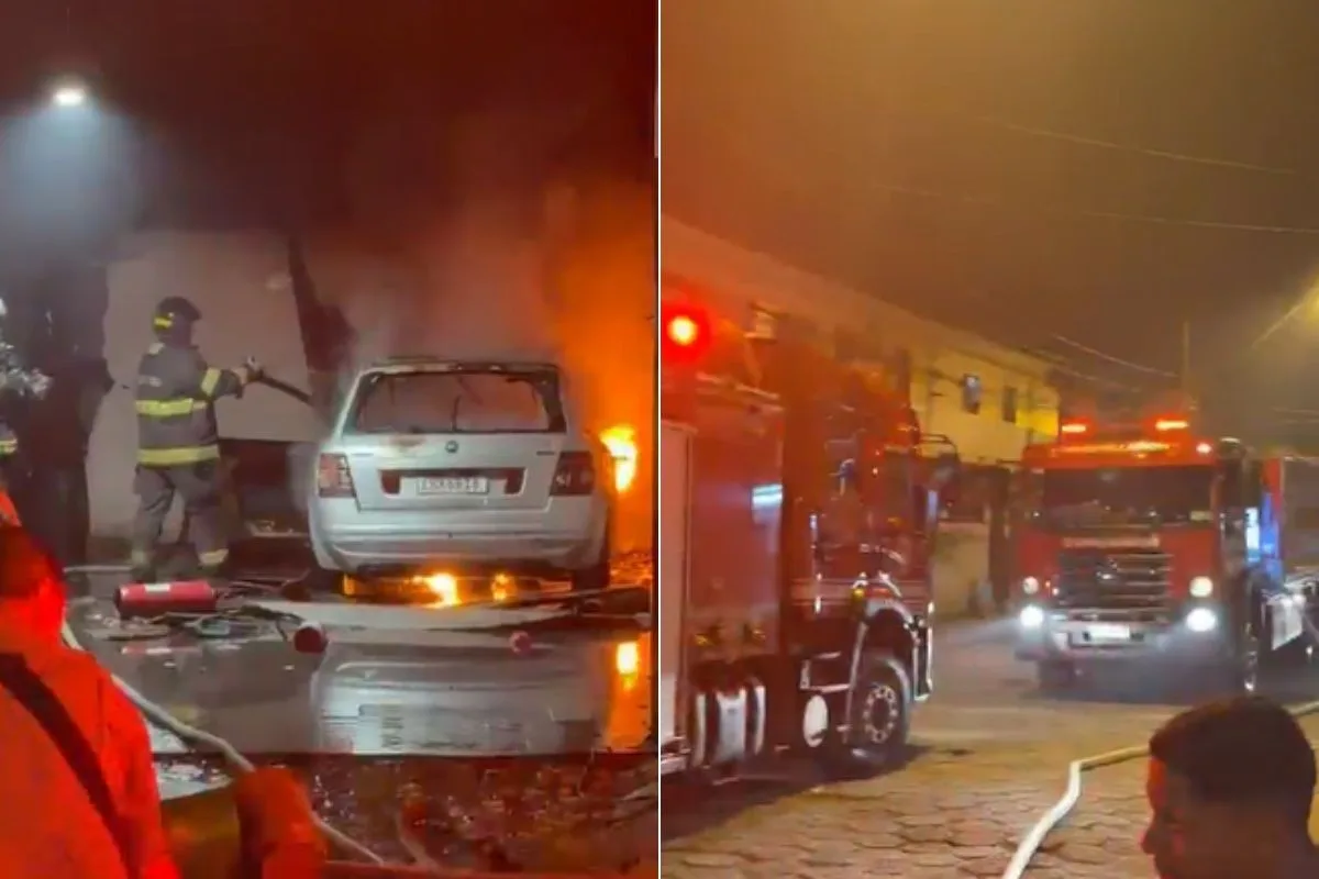 Carro é consumido por fogo dentro de oficina mecânica no litoral de SP