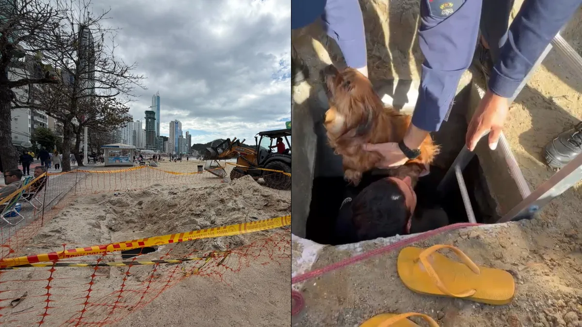 VÍDEO: cachorro cai na galeria de macrodrenagem da praia alargada de Balneário Camboriú e resgate mobiliza bombeiros