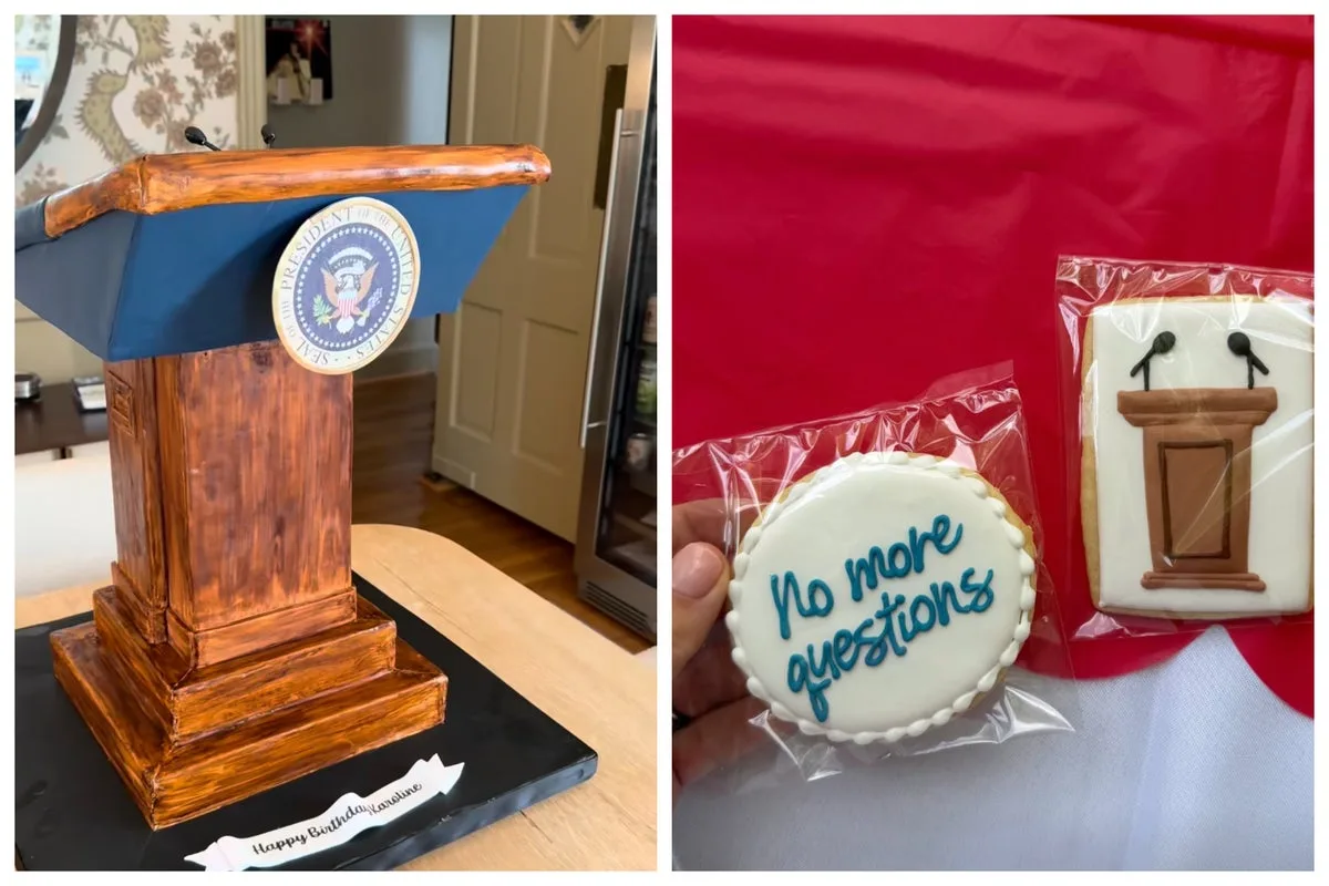 Katie Miller throws Karoline Leavitt a party with White House lectern cake as speculation continues over replacement