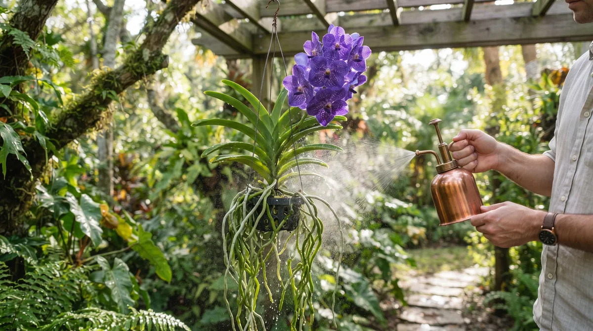 O segredo das raízes expostas: como hidratar corretamente a sua Orquídea Vanda nos dias quentes para não apodrecer a planta e garantir cascatas de flores