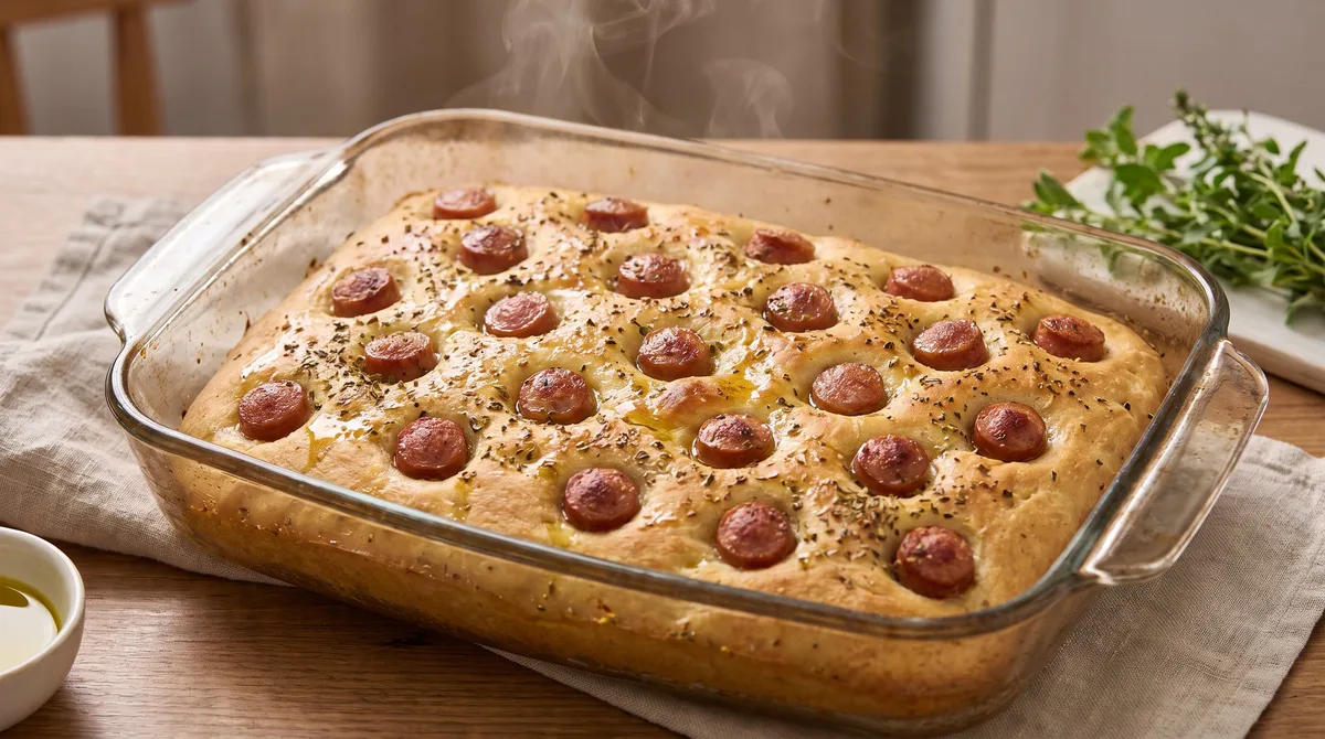 Receta de focaccia con salchichas, rápida y fácil