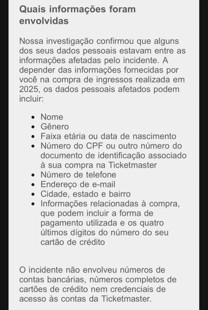 Vazamento expõe dados de clientes da Ticketmaster no Brasil