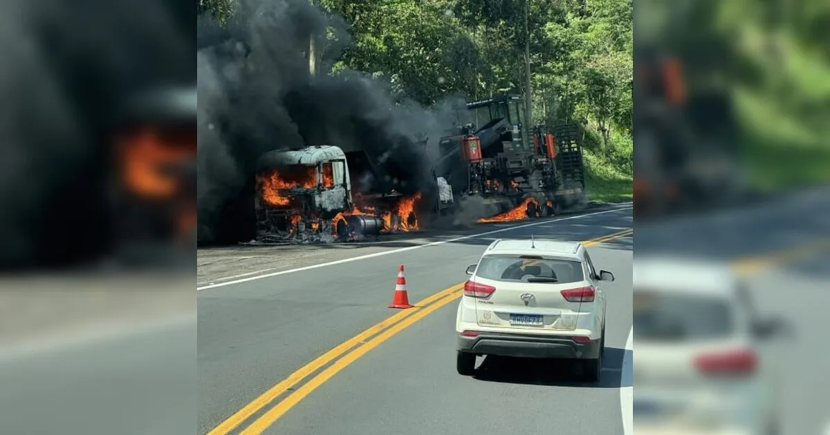 Caminhão-prancha pega fogo na BR-376, entre Mauá da Serra e Ortigueira
