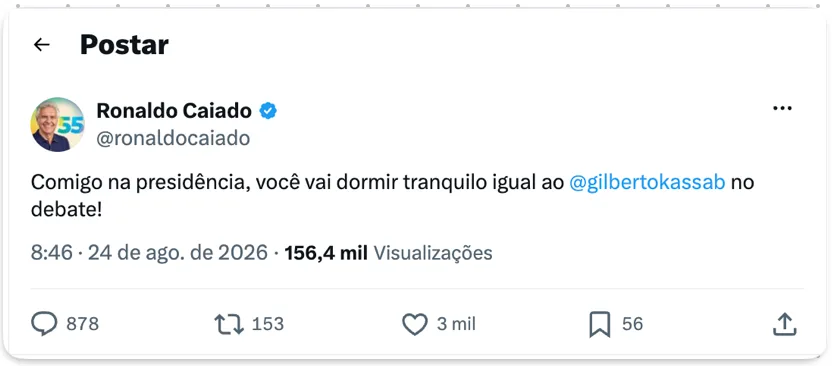 Caiado diz que, se eleito, eleitor vai “dormir tranquilo” igual a Kassab