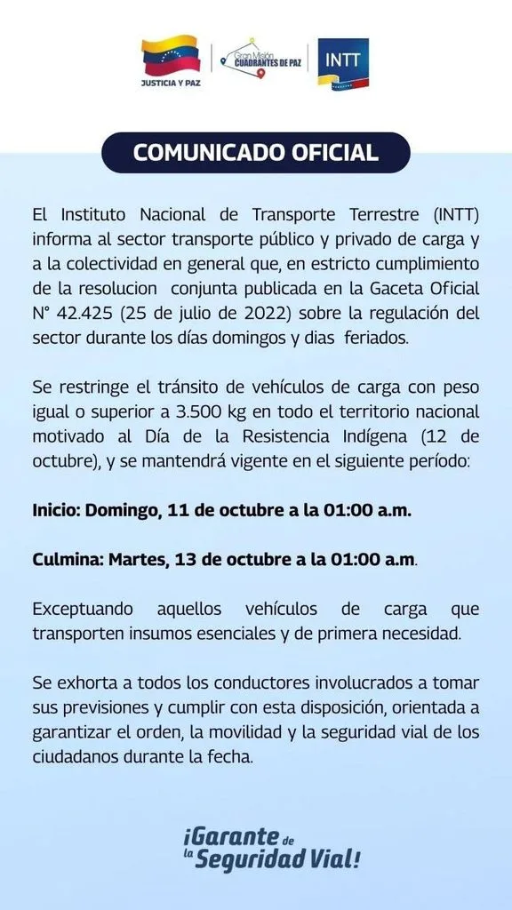 Restringirán tránsito de carga pesada en todo el territorio nacional entre el domingo #11Oct y el martes #13Oct
