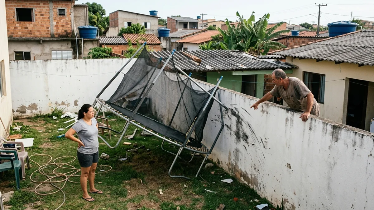 Família monta uma cama elástica perto do muro e, na primeira ventania, vê os pés saírem do lugar e a estrutura bater na divisória