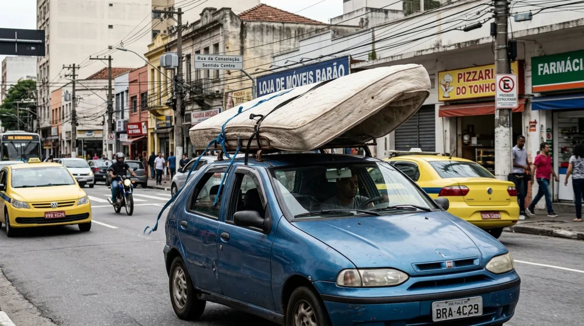 Motorista precisava levar um colchão para a casa nova, ao perceber que ele não caberia dentro do carro decide amarrá-lo no teto, durante o trajeto a carga começa a se deslocar e fiscalização explica quando o transporte externo pode gerar autuação
