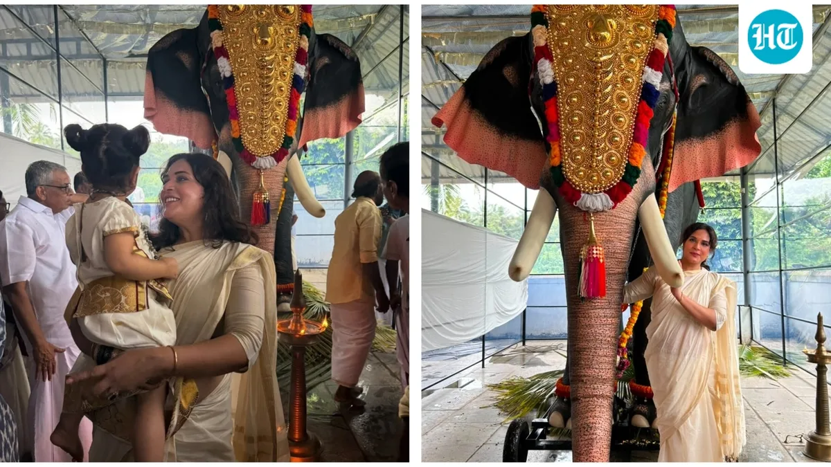 Richa Chadha celebrates Onam with daughter Zuneyra in Kerala, gifts life-sized mechanical elephant to temple