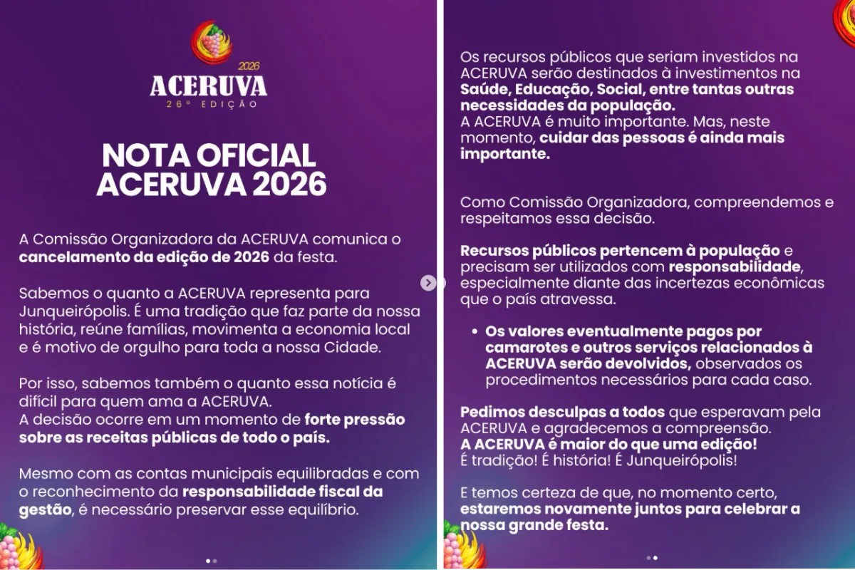 Aceruva é cancelada a um mês do evento em Junqueirópolis; prefeitura diz que verba será usada em outras áreas