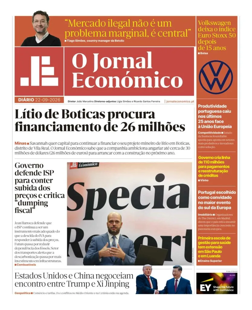 A primeira página do Jornal Económico de 22 de setembro