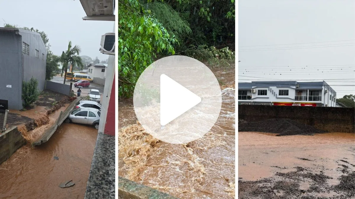 Fortes chuvas deixam ruas alagadas, comerciantes em alerta e derrubam muro sobre carros em SC