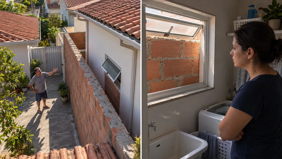 Vizinho aumenta o muro para ganhar privacidade e deixa a única janela de uma lavanderia diante de uma parede de tijolos
