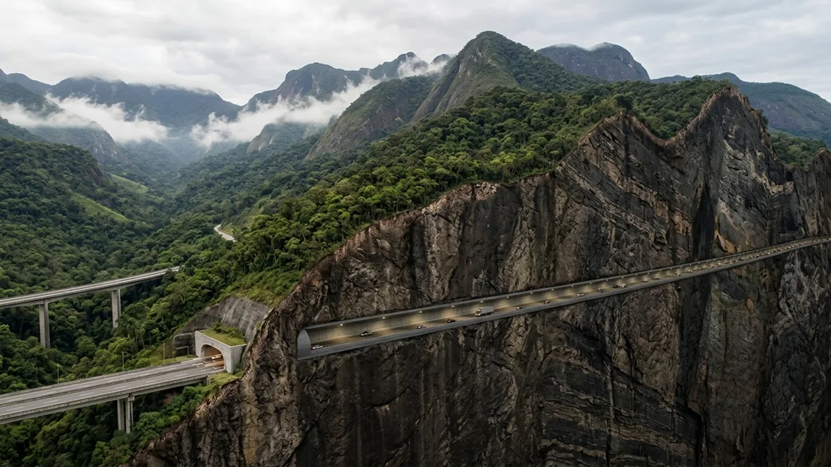 Megaobra de mais de R$ 3 bilhões abriu túneis e ergueu viadutos na serra, incluindo uma passagem de 5,5 km que exigiu retirar 1,7 milhão de m³ de rocha