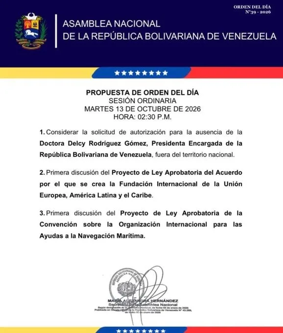 Agenda de la Asamblea Nacional de Venezuela se centrará en política exterior y seguridad marítima