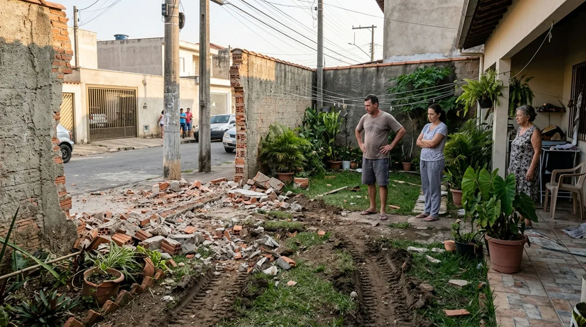 Família volta para casa e encontra o quintal exposto à rua após o vizinho retirar parte do muro para movimentar uma máquina, exige fechamento imediato e reparação pelos danos ao jardim